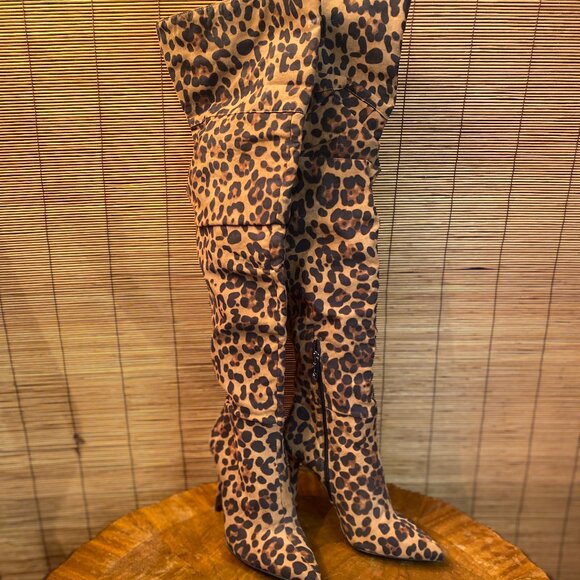 Jessica Simpson Leopard Over the Knee Partial Side Zip Boots Size 8 EUC - Picture 1 of 7